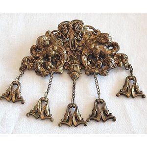 Vintage Antique Brooch Victorian Chatelaines Cherub Bacchus Goldtone Signed Wome